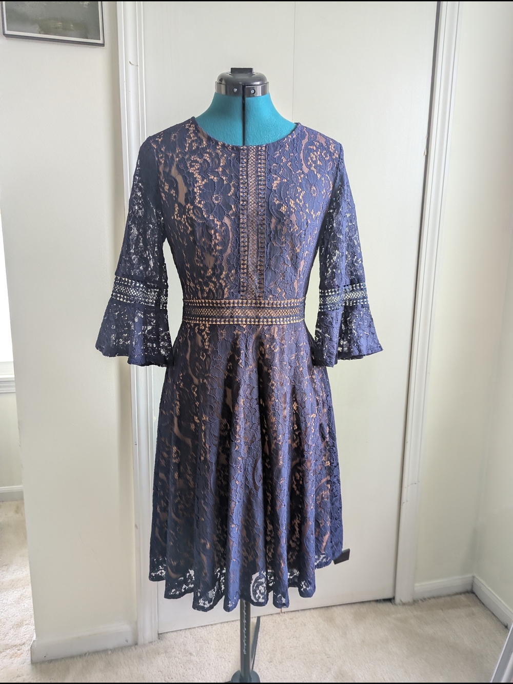 Miusol Navy Lace A-Line Dress with Bell Sleeves